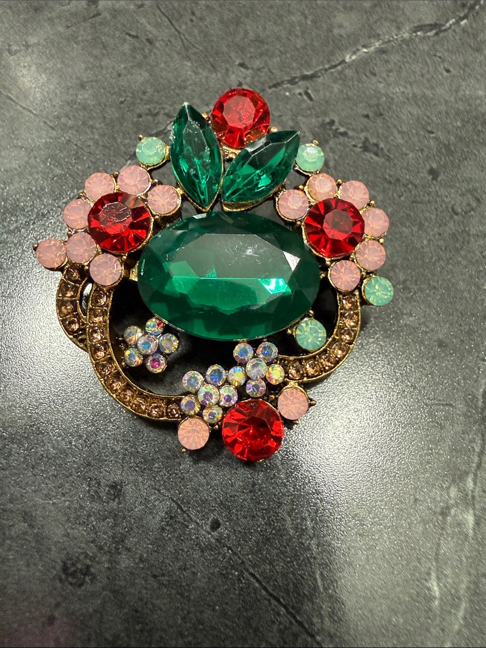 Emerald Green Floral Crystal Brooch - Sparkling Multicolor Jewelry